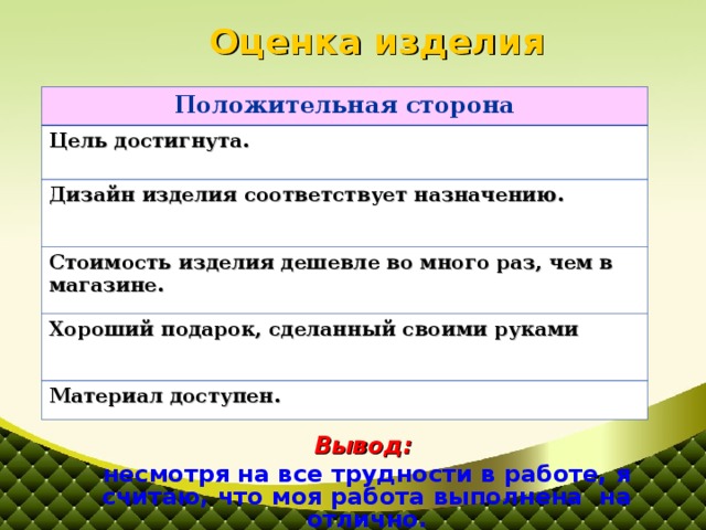 Оценка изделия. Дизайн изделия соответствует назначению. Вывод про подарок своими руками. Вывод доступен. Подарок сделанный руками вывод какой лучше.