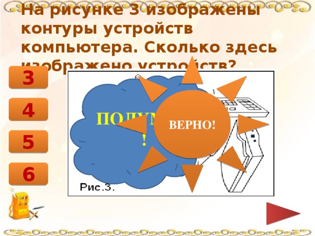 На рисунке 3 изображены контуры устройств компьютера. Сколько здесь изображено устройств? ВЕРНО! 3 ПОДУМАЙ! 4 5 6