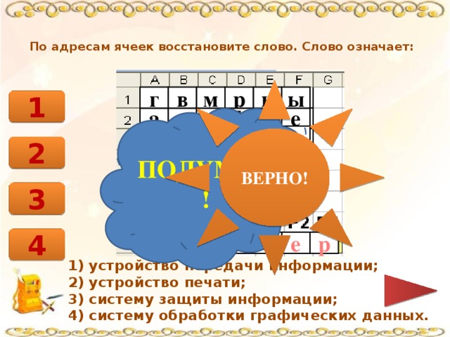 По адресам ячеек восстановите слово. Слово означает:   ВЕРНО! в м р н ы г 1 е ПОДУМАЙ! у д ф к а е с з ж н и 2 р я ц е л ч щ ш т о й п 3 4 н п т р е р и 1) устройство передачи информации;  2) устройство печати;  3) систему защиты информации;  4) систему обработки графических данных.