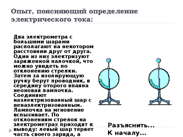 Опыт, поясняющий определение электрического тока: Два электрометра с большими шарами располагают на некотором расстоянии друг от друга. Один из них электризуют заряженной палочкой, что можно увидеть по отклонению стрелки. Затем за изолирующую ручку берут проводник, в середину оторого впаяна неоновая лампочка. Соединяют наэлектризованный шар с ненаэлектризованным. Лампочка на мгновение вспыхивает. По отклонениям стрелок на электрометрах приходят к выводу: левый шар теряет часть своего заряда, а правый такой же заряд приобретает. Разъяснить... К началу...