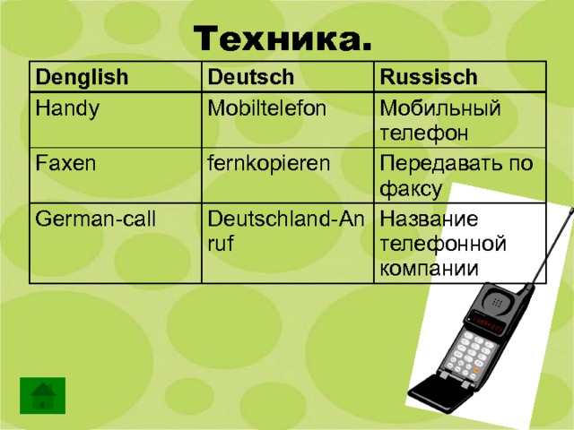 Техника. Denglish Deutsch Handy Faxen Russisch Mobiltelefon German-call Мобильный телефон fernkopieren Передавать по факсу Deutschland-Anruf Название телефонной компании 