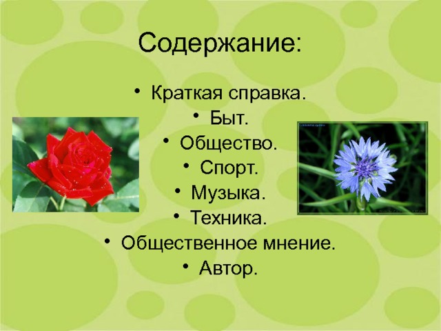 Содержание: Краткая справка. Быт. Общество. Спорт. Музыка. Техника. Общественное мнение. Автор. 