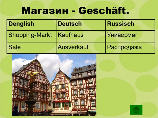 Магазин - Geschäft. Denglish Shopping-Markt Deutsch Sale Kaufhaus Russisch Универмаг Ausverkauf Распродажа 