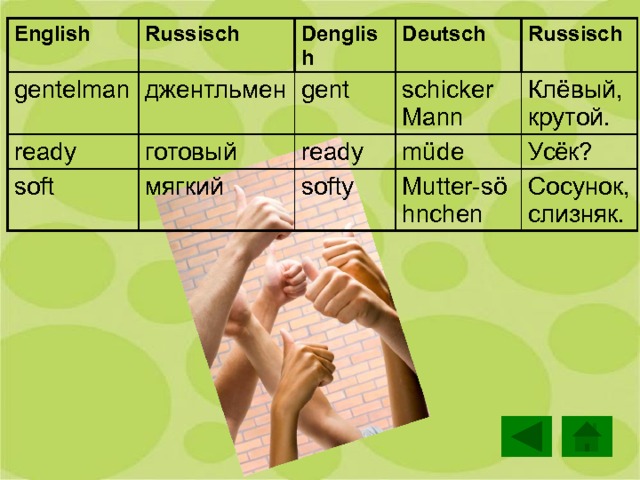 English Russisch gentelman джентльмен ready Denglish Deutsch готовый soft gent Russisch мягкий schicker Mann ready Клёвый, крутой. softy müde Mutter-söhnchen Усёк? Сосунок, слизняк. 