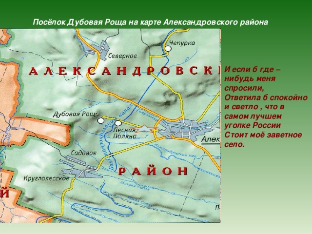 Где находится александровка. Дубовая роща поселок. Поселок дубовая роща Александровский район. Дубовая роща на карте. Александровский район карта.