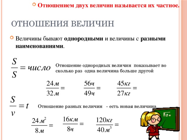 Отношением двух величин называется их частное. Отношения величин Величины бывают однородными и величины с разными наименованиями .