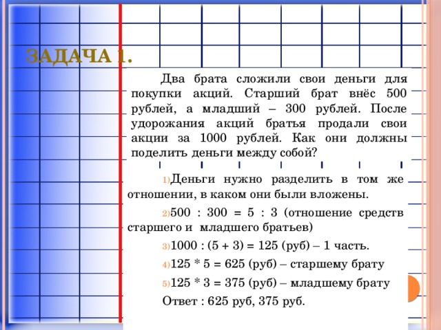 Задача 1. Два брата сложили свои деньги для покупки акций. Старший брат внёс 500 рублей, а младший – 300 рублей. После удорожания акций братья продали свои акции за 1000 рублей. Как они должны поделить деньги между собой? Деньги нужно разделить в том же отношении, в каком они были вложены. 500 : 300 = 5 : 3 (отношение средств старшего и младшего братьев) 1000 : (5 + 3) = 125 (руб) – 1 часть. 125 * 5 = 625 (руб) – старшему брату 125 * 3 = 375 (руб) – младшему брату Ответ : 625 руб, 375 руб.