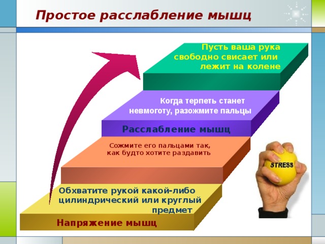 Простое расслабление мышц Пусть ваша рука свободно свисает или лежит на колене  Когда терпеть станет невмоготу, разожмите пальцы Расслабление мышц  Сожмите его пальцами так, как будто хотите раздавить Обхватите рукой какой-либо цилиндрический или круглый  предмет Напряжение мышц 19