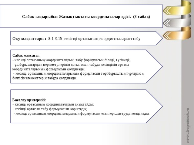 Сабақ тақырыбы: Жазықтықтағы координаталар әдісі. (3-сабақ) Оқу мақсаттары: 8.1.3.15 кесінді ортасының координаталарын табу Сабақ мақсаты: - кесінді ортасының координаталарын табу формуласын біледі, түсінеді;  -үшбұрыштардың периметрлерінің қатынасын табуда кесіндінің ортасы координаталарының формуласын қолданады;  - кесінді ортасының координаталарының формуласын төртбұрыштың түрлерінің белгісіз элементтерін табуда қолданады. Бағалау критерийі: - кесінді ортасының координаталарын анықтайды; - кесінді ортасын табу формуласын қорытады;  - кесінді ортасының координаталарының формуласын есептер шығаруда қолданады.