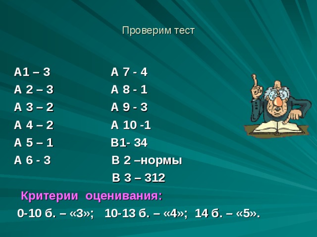 Проверим тест А1 – 3 А 7 - 4 А 2 – 3 А 8 - 1 А 3 – 2 А 9 - 3 А 4 – 2 А 10 -1 А 5 – 1 В1- 34 А 6 - 3 В 2 –нормы  В 3 – 312  Критерии оценивания:  0-10 б. – «3»; 10-13 б. – «4»; 14 б. – «5».