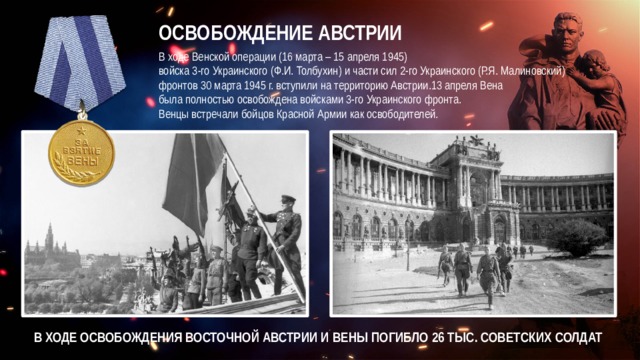 ОСВОБОЖДЕНИЕ АВСТРИИ В ходе Венской операции (16 марта – 15 апреля 1945)  войска 3-го Украинского (Ф.И. Толбухин) и части сил 2-го Украинского (Р.Я. Малиновский) фронтов 30 марта 1945 г. вступили на территорию Австрии.13 апреля Вена  была полностью освобождена войсками 3-го Украинского фронта. Венцы встречали бойцов Красной Армии как освободителей. В ХОДЕ ОСВОБОЖДЕНИЯ ВОСТОЧНОЙ АВСТРИИ И ВЕНЫ ПОГИБЛО 26 ТЫС. СОВЕТСКИХ СОЛДАТ