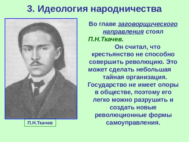 Идеологом народничества является. Ткачев п н народничество. Ткачев революционер народник. Пётр Никитич ткачёв заговорщическое направления. Ткачев Петр Никитич направление народничества.