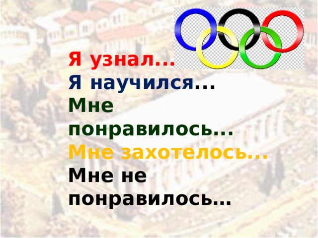 Я узнал... Я научился ... Мне понравилось... Мне захотелось... Мне не понравилось…