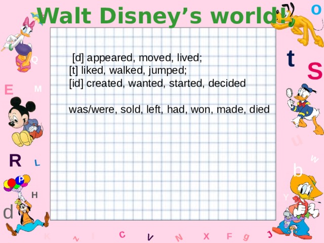 o Walt Disney’s world! W C g J L u z V N t  [d] appeared, moved, lived; [t] liked, walked, jumped; [id] created, wanted, started, decided was/were, sold, left, had, won, made, died Q S E M R b P H Y d F x l K