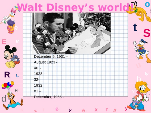 o Walt Disney’s world! W C g J L u z V N t Q S E M December 5, 1901 – August 1923 - - 1928 – 32- 1932 81 – December, 1966 - R b P H Y d F K x l