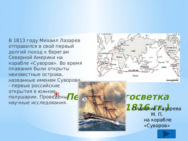 В 1813 году Михаил Лазарев отправился в свой первый долгий поход к берегам Северной Америки на корабле «Суворов». Во время плавания были открыты неизвестные острова, названные именем Суворова - первые российские открытия в южном полушарии. Проведены научные исследования. Первая кругосветка  (1813-1816 гг.) Плавание Лазарева М. П.  на корабле «Суворов»