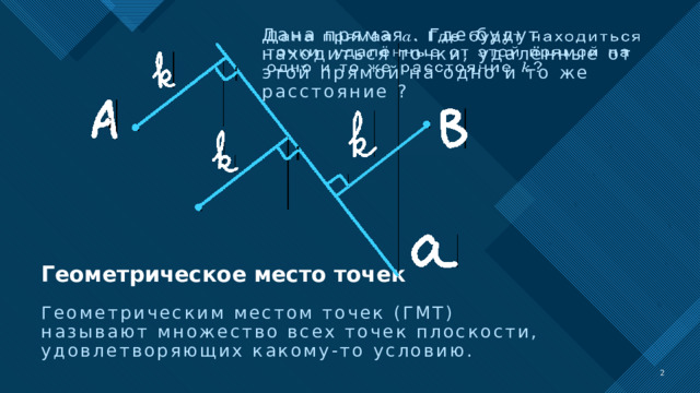 Дана прямая . Где будут находиться точки, удалённые от этой прямой на одно и то же расстояние ?   Геометрическое место точек Геометрическим местом точек (ГМТ) называют множество всех точек плоскости, удовлетворяющих какому-то условию.