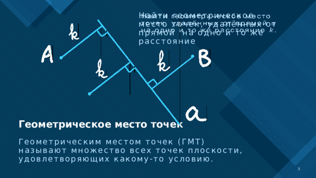 Найти геометрическое место точек, удалённых от прямой на одно и то же расстояние   Геометрическое место точек Геометрическим местом точек (ГМТ) называют множество всех точек плоскости, удовлетворяющих какому-то условию.