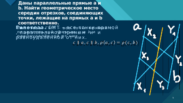 Даны параллельные прямые a и b. Найти геометрическое место середин отрезков, соединяющих точки, лежащие на прямых a и b соответственно.   Гипотеза. ГМТ – все точки прямой , параллельной прямым и и равноудалённой от них.  