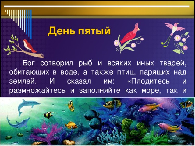 День пятый  Бог сотворил рыб и всяких иных тварей, обитающих в воде, а также птиц, парящих над землей. И сказал им: «Плодитесь и размножайтесь и заполняйте как море, так и воздух.