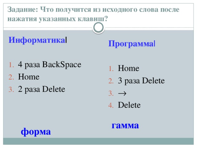 Backspace это в информатике. Что получится из исходного слова после нажатия указанных клавиш. Информатика Backspace delete. Слова из слова Информатика. Клавиши delete и Backspace информатике.